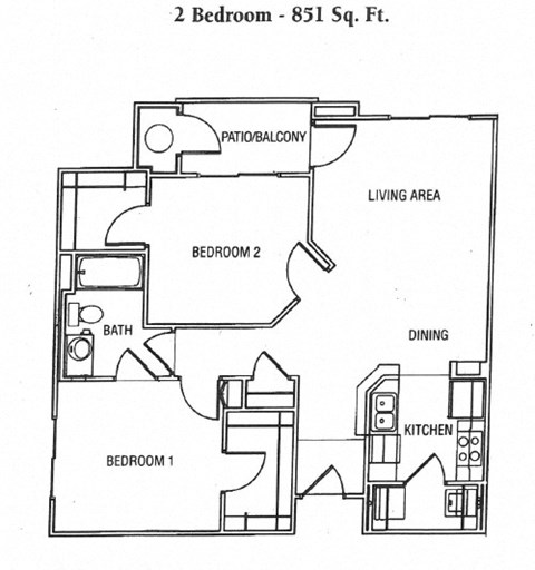 Floor plan for 2 beds, 1 bath, 851 sqft